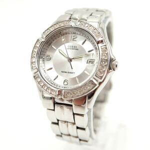 Guess Silver Tone Jewel Bezel Watch 36mm Silver Date Steel Bracelet New Battery